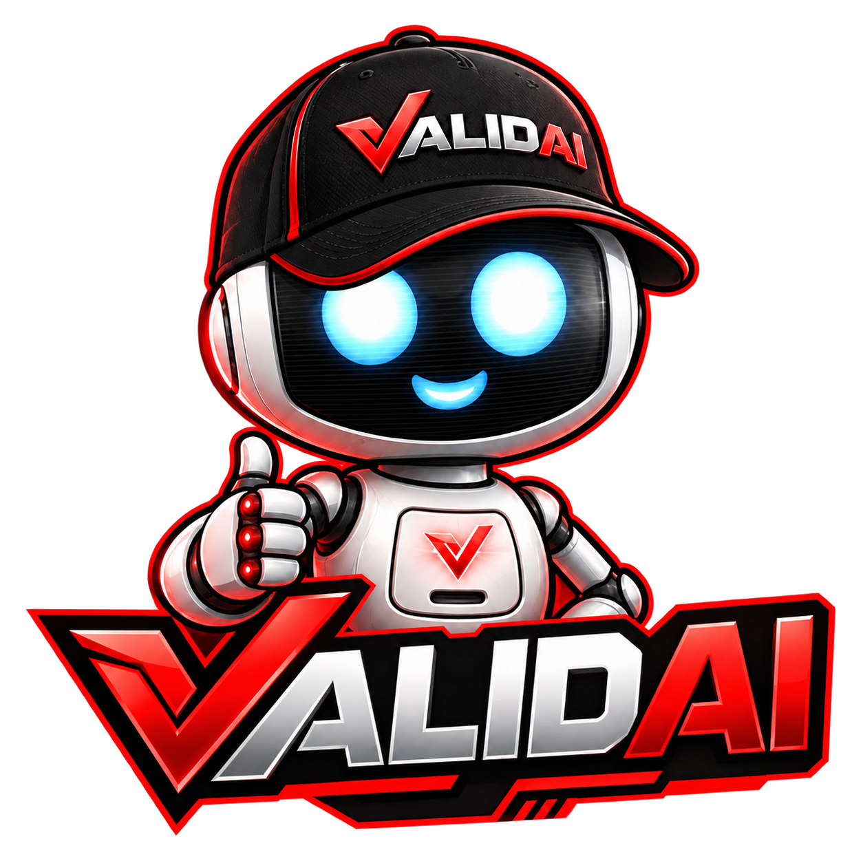 Mascote robô ValidAI com boné preto e vermelho